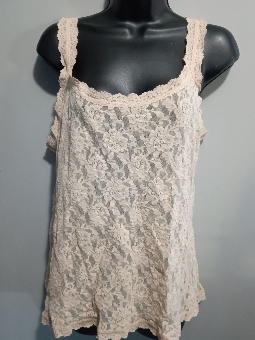 Hanky Panky Lace Camisole Tank Top XL Beige Sheer Floral Romantic Beauty